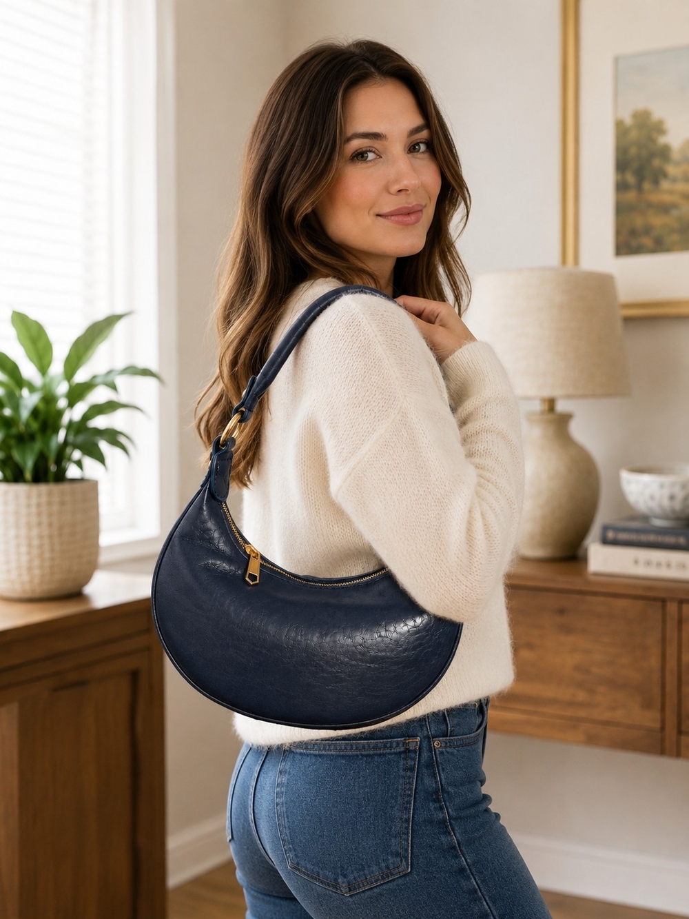 Isabelle Curved Crescent Shoulder Bag in Navy
